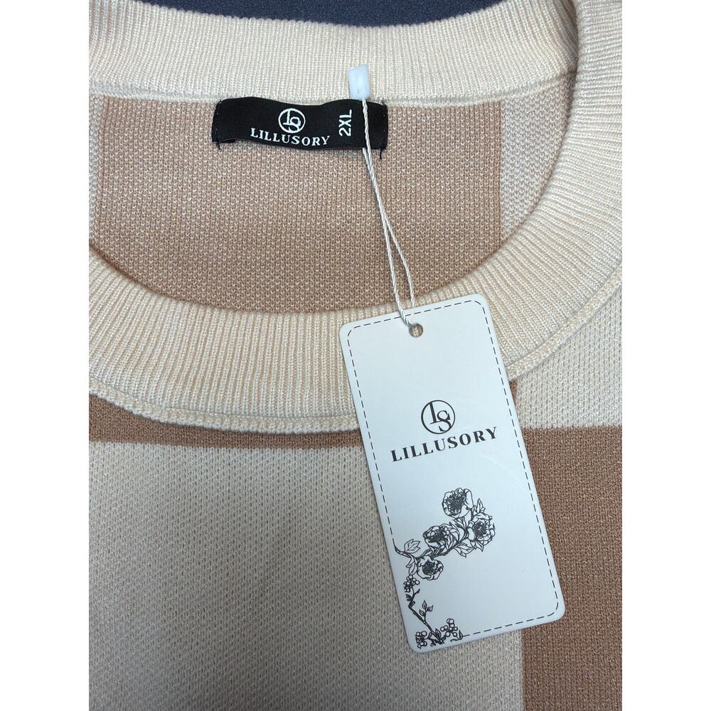 NWT Lillusory Tan/Cream Checkered Sweater Crew Neck Women's Size 2XL Oversized - Picture 2 of 7